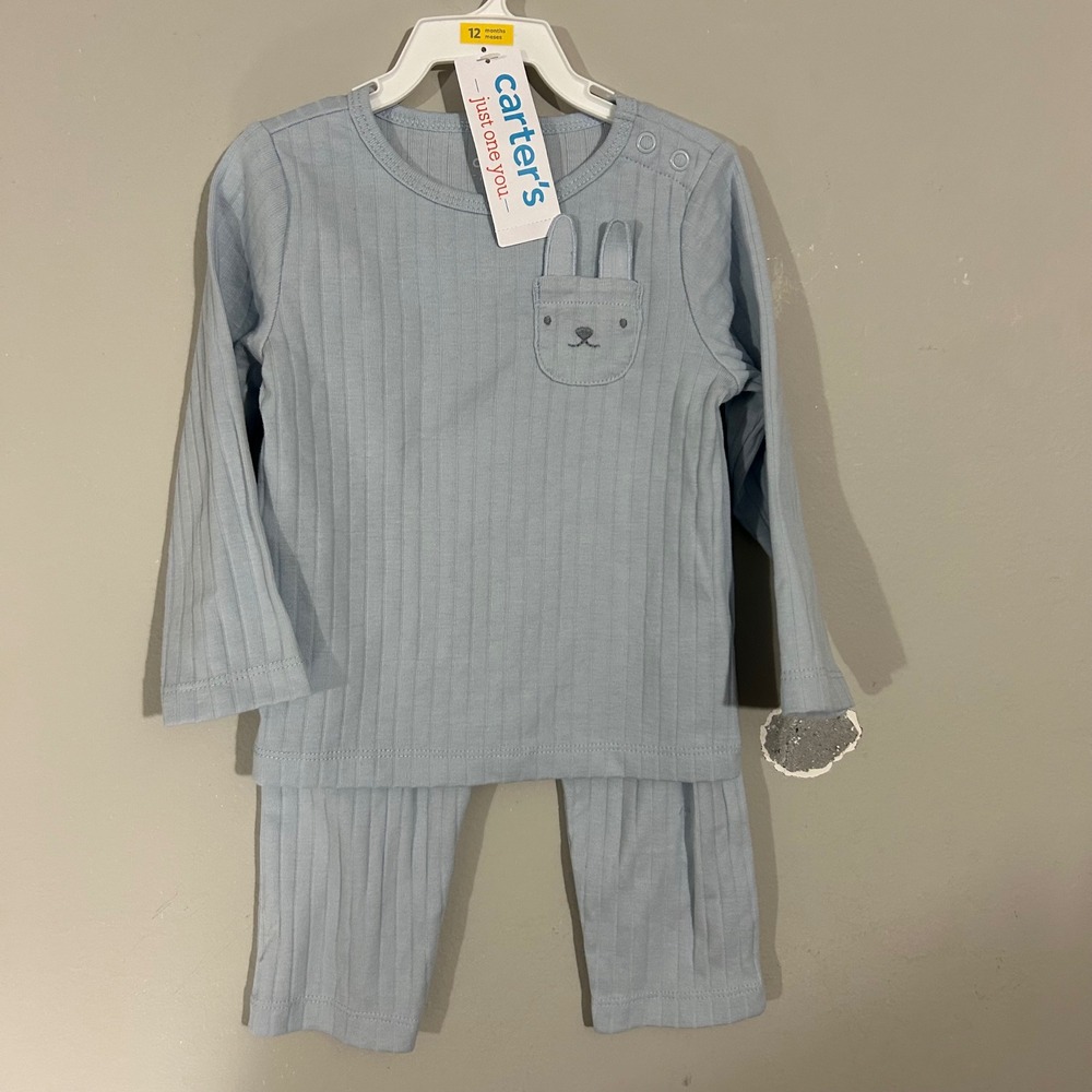 Carter's Pajama Set Baby 12M Blue NEW Ribbed Bunny Pocket Sleepwear Loungewear